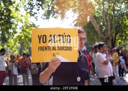 Madrid, Spain. 10th Sep, 2023. People demonstrate to demand a National Suicide Prevention Plan on Paseo del Pardo in Madrid on September 10, Spain. (Photo by Oscar Gonzalez/Sipa USA) (Photo by Oscar Gonzalez/Sipa USA) Credit: Sipa USA/Alamy Live News Stock Photo