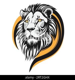 Black and white lion with yellow eyes vector illustration. Isolated lions head with a yellow circle on white background Stock Vector