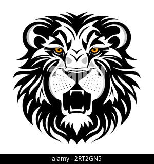 Black and white roaring lion with yellow eyes vector illustration. Isolated lions head on white background Stock Vector