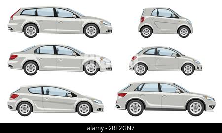 Cars vector set view from the side, simple colors without gradients and effects. Isolated vehicles on white background Stock Vector