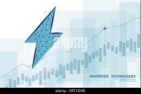 3D growing graph lightning energy sources concept. Polygonal light blue power charging industry banner vector illustration. Stock Vector