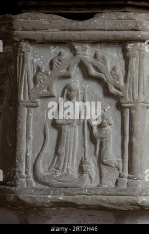 Saint Margaret font detail, St. Margaret of Antioch Church, Stoke Golding, Leicestershire, England, UK Stock Photo