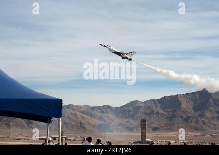 Thunderbirds, 76th Navy celebrations, Nellis AFB, Las Vegas, Nevada, USA, 2022. The Thunderbirds aerial aircraft display, at the 75th anniversary celebration of the United States Air Force, Nellis Air Force Base, Las Vegas, Nevada, USA. Stock Photo