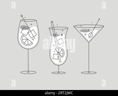 Cocktail glasses spritz pina colada cosmopolitan drawing in flat line style on grey background Stock Vector
