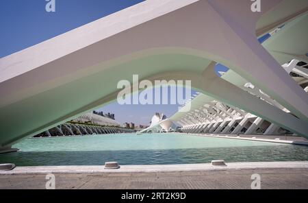 View from under footbridge of The Palau de les Arts, Science Museum and Umbracle in The City of Arts and Sciences, Valencia, Spain on 25 August 2023 Stock Photo