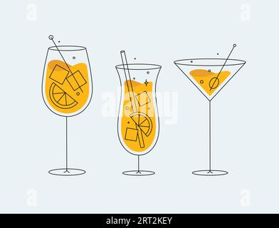 Cocktail glasses spritz pina colada cosmopolitan drawing in flat line style on light background Stock Vector