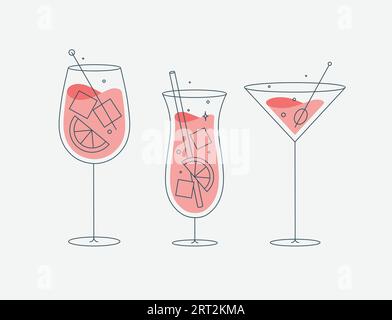 Cocktail glasses spritz pina colada cosmopolitan drawing in flat line style Stock Vector