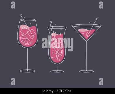 Cocktail glasses spritz pina colada cosmopolitan drawing in flat line style on dark blue background Stock Vector