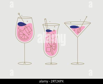 Cocktail glasses spritz pina colada cosmopolitan drawing in flat line style on beige background Stock Vector