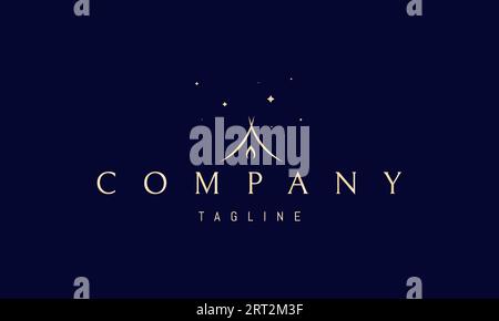 A vector golden logo with an abstract image of a camp fire against the background of a tent. Stock Vector