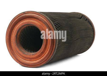 used dirty car or truck air filter with shadow, spare parts for repair at automotive service, isolated on white background Stock Photo