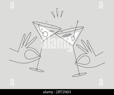 Hand holding cosmopolitan and manhattan cocktails clinking glasses drawing in flat line style on grey background Stock Vector