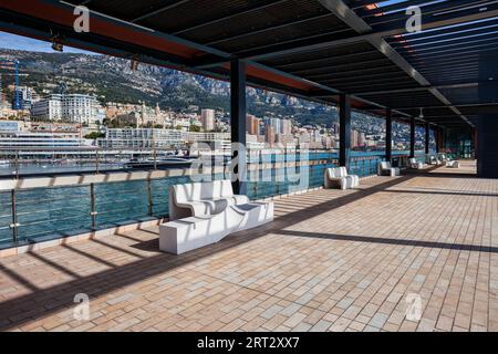 Monaco principality from Esplanade Rainier III, promenade with pergola and pier on Mediterranean Sea Stock Photo