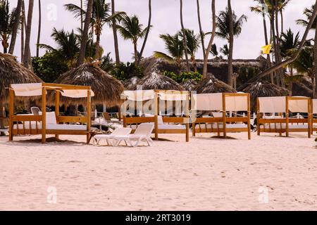 Wooden framed Cabanas on the beach in Caribbean, Dominican Republic, Punta Cana 2023 Stock Photo