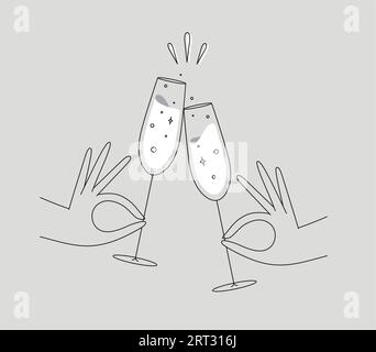 Hand holding champagne clinking glasses drawing in flat line style on grey background Stock Vector