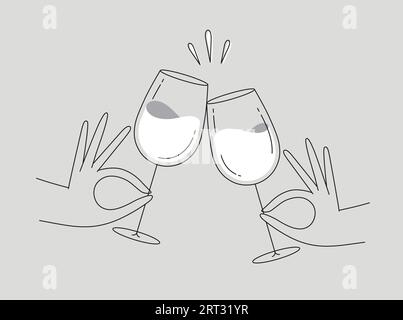 Hand holding wine clinking glasses drawing in flat line style on grey background Stock Vector