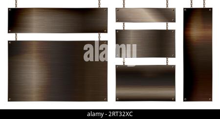 Metal banners hanging on a chain. Realistic shiny steel plate with screws. Polished rusty metal surface. Vector illustration Stock Vector