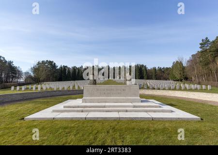 Becklingen, Germany, April 2, 2018: Altar Stone and gravestones at the British War Cemetery in Becklingen Stock Photo