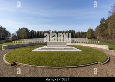Becklingen, Germany, April 2, 2018: Altar Stone and gravestones at the British War Cemetery in Becklingen Stock Photo