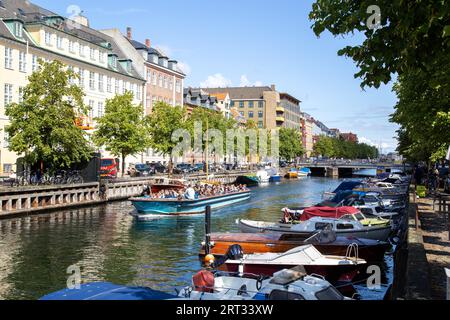 Copenhagen, Denmark, August 21, 2019: Tourist boat in a canal in Christianshavn district Stock Photo