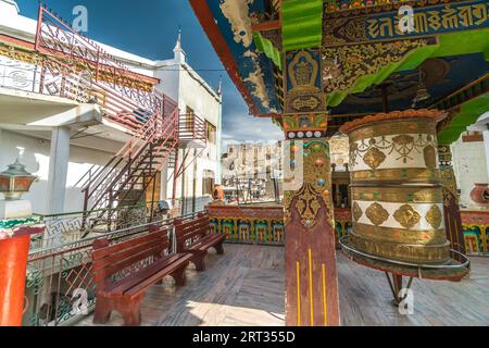 Beautifuly decorated prayer wheel in town of Leh in India Stock Photo