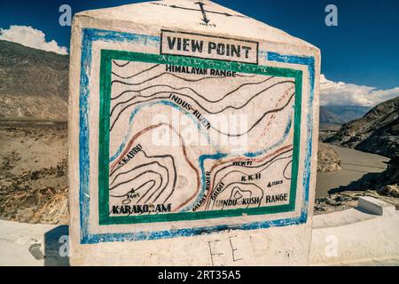 Information map on view point at confluence of rivers Indus and Gilgit in Pakistan, place where three highest mountain ranges of the world meet Stock Photo