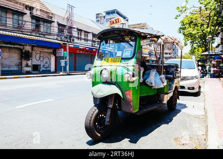 Bangkok, Thailand, April 22nd 2018: A Thai Tuk Tuk or three wheeled bike in central Bangkok, Thailand Stock Photo