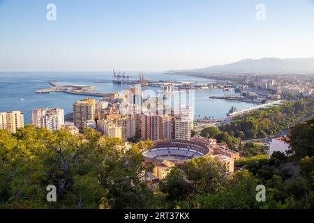 Malaga, Spain, May 25, 2019: Beautiful aerial view of the coastline and the city with the bull ring Stock Photo