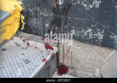 Brooklyn, United States. 10th Sep, 2023. (EDITORS NOTE: Image contains graphic content)Pools of blood discovered at the crime scene. Three people shot at Fulton Street and Nostrand Avenue in Brooklyn. Two females and one male were shot in Brooklyn on Sunday. All victims shot are in stable condition and a suspect or suspects are not in custody yet. Over 10 shell casings were recovered at the scene and large pools of blood were discovered on the sidewalk and on the steps of a subway entrance. Credit: SOPA Images Limited/Alamy Live News Stock Photo