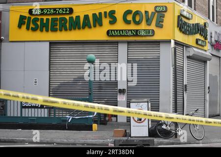 Brooklyn, United States. 10th Sep, 2023. Pools of blood discovered at the crime scene. Three people shot at Fulton Street and Nostrand Avenue in Brooklyn. Two females and one male were shot in Brooklyn on Sunday. All victims shot are in stable condition and a suspect or suspects are not in custody yet. Over 10 shell casings were recovered at the scene and large pools of blood were discovered on the sidewalk and on the steps of a subway entrance. Credit: SOPA Images Limited/Alamy Live News Stock Photo