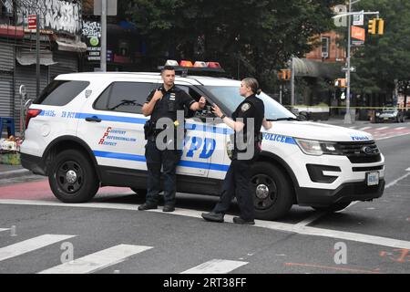 Brooklyn, United States. 10th Sep, 2023. Police guard the crime scene. Three people shot at Fulton Street and Nostrand Avenue in Brooklyn. Two females and one male were shot in Brooklyn on Sunday. All victims shot are in stable condition and a suspect or suspects are not in custody yet. Over 10 shell casings were recovered at the scene and large pools of blood were discovered on the sidewalk and on the steps of a subway entrance. Credit: SOPA Images Limited/Alamy Live News Stock Photo