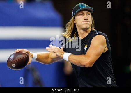 Indianapolis, Indiana, USA. 10th Sep, 2023. Jacksonville Jaguars quarterback Trevor Lawrence (16) during pregame of NFL game against the Indianapolis Colts in Indianapolis, Indiana. John Mersits/CSM/Alamy Live News Stock Photo