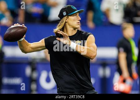 Indianapolis, Indiana, USA. 10th Sep, 2023. Jacksonville Jaguars quarterback Trevor Lawrence (16) during pregame of NFL game against the Indianapolis Colts in Indianapolis, Indiana. John Mersits/CSM/Alamy Live News Stock Photo