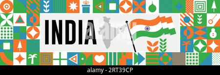 INDIA national day banner with map, flag colors theme background and geometric abstract retro modern colorfull design with raised hands or fists. Stock Vector