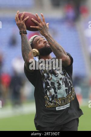 Baltimore Ravens wide receiver Odell Beckham Jr. (3) warms up before an NFL  preseason football game against the Tampa Bay Buccaneers, Saturday, Aug.  26, 2023, in Tampa, Fla. (AP Photo/Peter Joneleit Stock