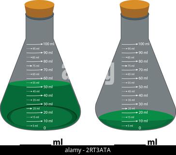 Glass laboratory chemical measuring flasks. with colorful liquids in a vector illustration set. Lab glassware and containers with chemicals. Stock Vector
