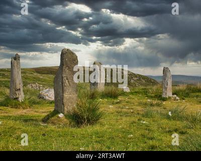 Standing stones at Callanish 3 - an arrangement of standing stones located on the Isle of Lewis, Outer Hebrides, Scotland. They were erected in the la Stock Photo