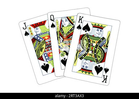 A set of three playing cards of king queen jack of spades in the white isolated background stock Stock Photo