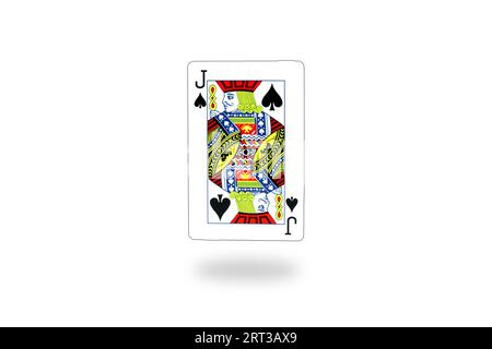 A floating Jack of spades card isolated on a white background, representing chance and strategy ,captured in a minimalist studio setup. Stock Photo