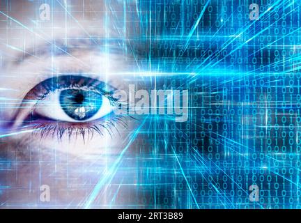 woman eye and binary digits, futuristic vision Stock Photo