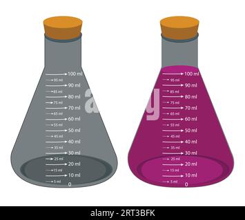 Glass laboratory chemical measuring flasks. with colorful liquids in a vector illustration set. Lab glassware and containers with chemicals. Stock Vector