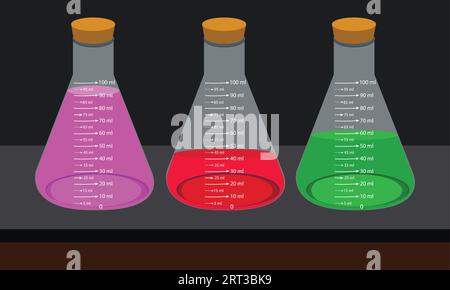 Glass laboratory chemical measuring flasks. with colorful liquids in a vector illustration set. Lab glassware and containers with chemicals. Stock Vector