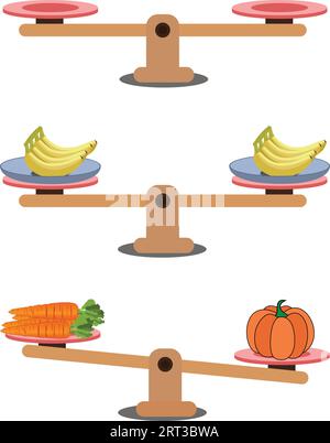Comparison of weight in a cartoon minimal style, showing an unbalanced situation with balancing on a seesaw. Vector illustration. Stock Vector