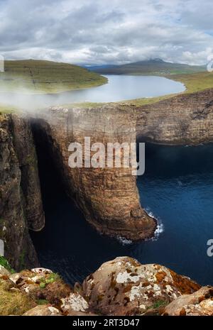 Sorvagsvatn lake on cliffs of Vagar island in sunset, Faroe Islands ...