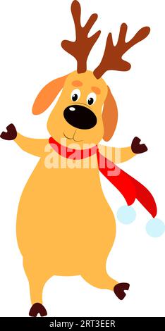 A happy and joyful Christmas deer is dancing or running. Cartoon character on a white isolated background. Vector stock illustration. Stock Vector