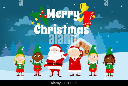 Santa Claus, Mrs. Santa, elves African and African American and European waving. Fairy-tale cartoon winter landscape and text Merry Christmas. Stock Vector