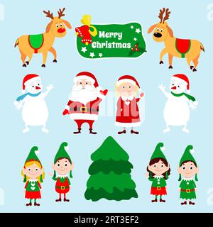 Set of Christmas characters Santa Claus, Mrs. Claus, deers, snowmen and little elves. Winter cartoon characters wave their hands. Stock Vector