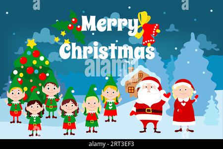 Santa Claus and Mrs. Santa Claus, together with elves are standing in front of the house and waving. Stock Vector