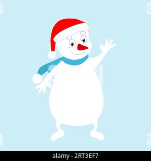 Cheerful joyful snowman in a hat of Santa Claus waves his hand. Picture of a cartoon winter character. Vector for New Year's greetings, decor. Stock Vector