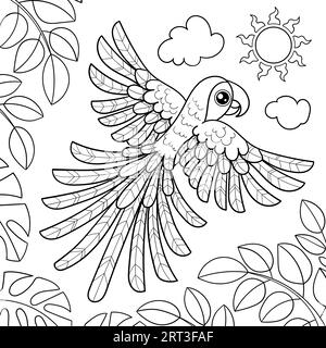 Macaw parrot flies in the jungle. Black and white linear drawing. For children's design of coloring books, prints, posters, postcards, puzzles, sticke Stock Vector